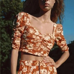 Zara Orange Floral Ruched Crop Top 🌸 Cottagecore Boho Square Neck XS ❤️